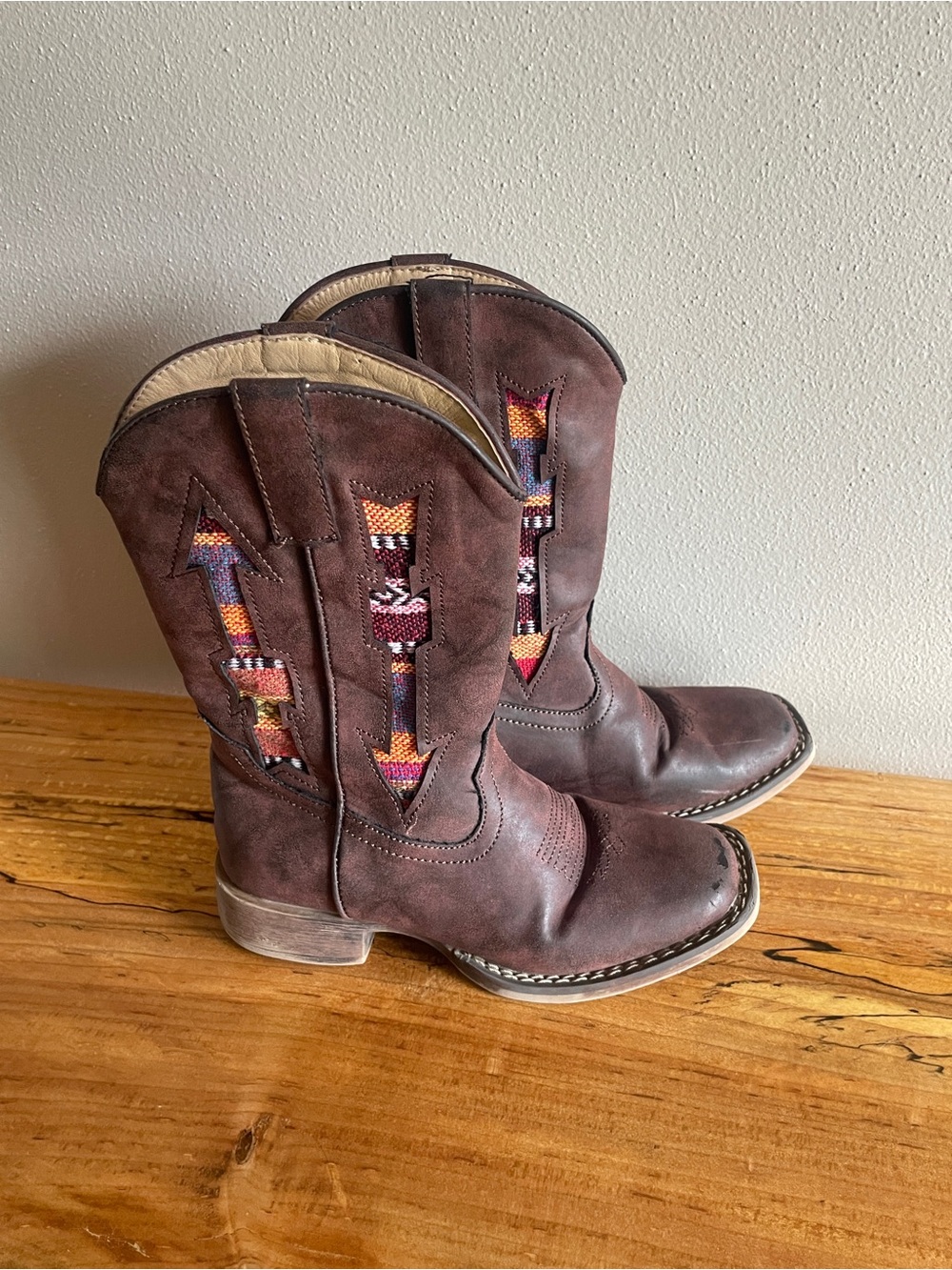 Roper Kids Brown Western Boots with Multicolor Stitch Accents
